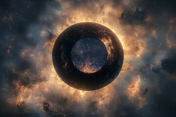 Wall Mural - Dark ringed celestial object in a cosmic nebula.