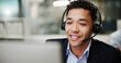 © peopleimages.com - Man, call center and computer in office with smile for contact us, communication or telecom agency. Consultant, customer service and CRM help desk with support, advice and agent in workplace