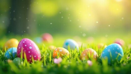  A vibrant Easter egg hunt scene with colorful eggs hidden in spring grass , eggs, hope