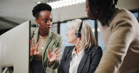 Poster - Call center, team and people training with mentor for customer service, collaboration or sales advice. Group, contact us and telemarketing manager on computer for discussion, help interns or coaching