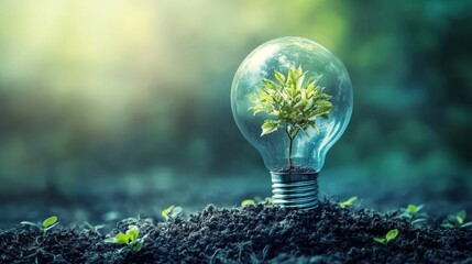 light bulb terrarium with green plant symbolizing eco innovation renewable energy sustainability cre