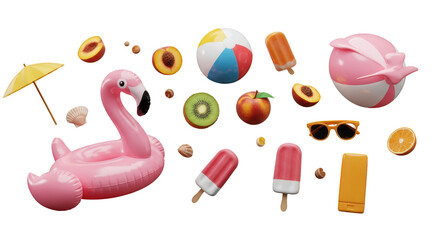colorful abstract composition of summer vacation items. isolated on transparent png