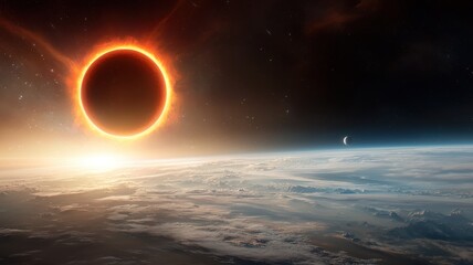 dramatic total solar eclipse view from space over planet earth horizon space earth horizon corona