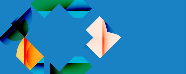 Fototapete - Abstract geometric shapes overlap blue background. Orange, green, white elements create dynamic composition. Modern design, clean lines visible.