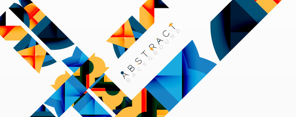 Aufkleber - Geometric shapes, vibrant colors, modern design. Abstract composition with orange, blue, black elements. Clean aesthetic, simple background.