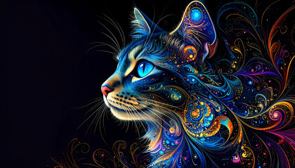  Vibrant Artistic Cat Portrait: Profile View, Digital Painting, Dark Background