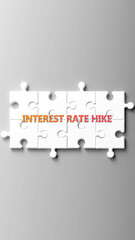Fototapete - Interest Rate Hike complex like a puzzle - pictured as word interest rate hike on a puzzle pieces to show its complexity. ,3d illustration
