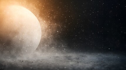 abstract dark background with glowing orange sphere and floating dust particles