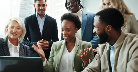 Fototapete - Business people, laptop and celebration for video call, collaboration and webinar in office. Smile, team and tech for online seminar, virtual meeting and introduction for international networking