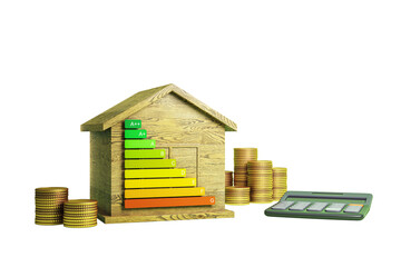 Aufkleber - Wooden house with colorful energy rating bars, gold coin stacks, and calculator isolated on white background. Concept of home savings and mortgage. 3D Rendering