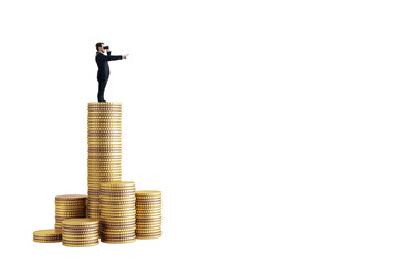 Aufkleber - Businessman on gold coin stacks using binoculars, isolated on white background, symbolizing investment strategy, vision, and financial planning