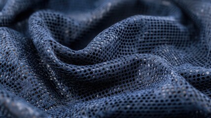 Close Up of Dark Blue Fishnet Fabric Shimmering with Threads Creating a Textured Abstract Surface