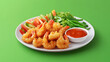 © Trubus - White plate filled with battered and fried shrimp, alongside a variety of fresh vegetables and a side of red dipping sauce. The shrimp is coated in a crispy coconut breading.