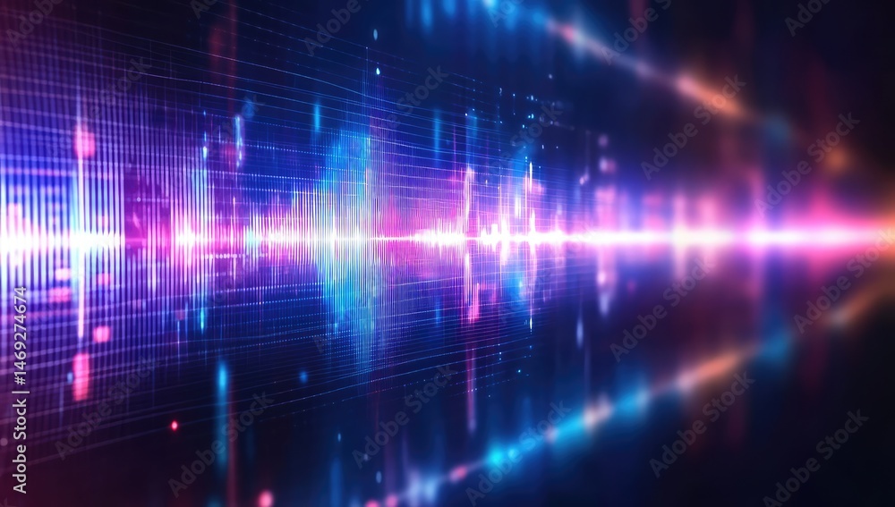 Abstract digital waveform with vibrant glowing pulses and data streams ...