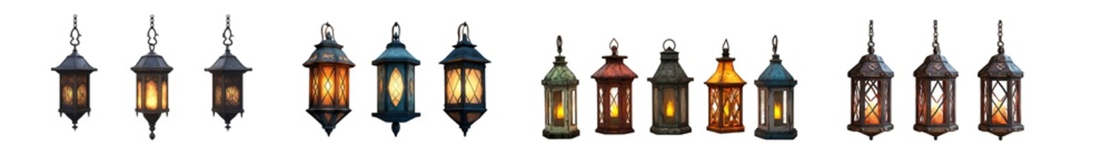 Multiple decorative lanterns in various colors and designs are set against a transparent background