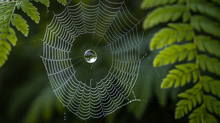 Dew-Kissed Spiderweb on Greenery