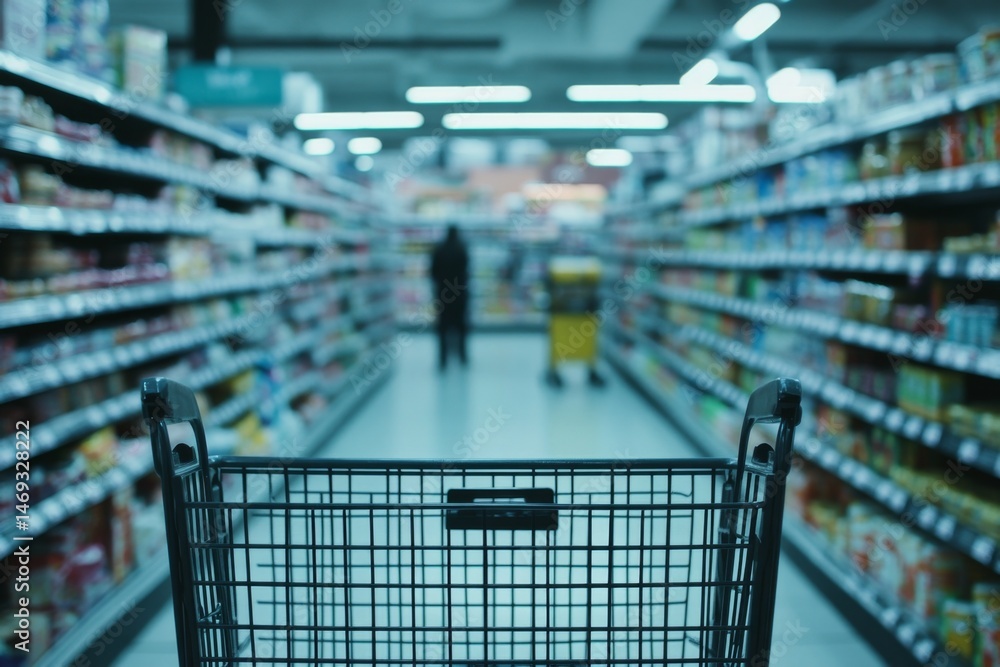 Empty shopping cart in a grocery store aisle. Blurred shoppers, shelves ...