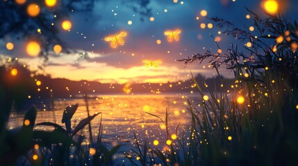 Wall Mural - golden firefly trails by the seaside background