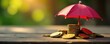 © jiratip - Close-up of coins shielded by umbrella on wooden surface Wealth preservation , umbrella, saving, red