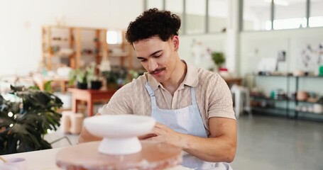 Poster - Man, potter and phone in workshop for photography, social media marketing and update for startup website. Entrepreneur, technology and smile in small business for ceramic creation or product review