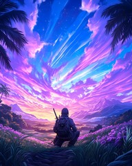 Wall Mural - A lone figure sits on a grassy hill, gazing up at a vibrant sky filled with swirling clouds and shooting stars, palm trees framing the scene in the distance