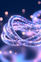 Wall Mural - A swirling, translucent, glowing filament with a sparkling, iridescent texture, against a dark blue background with bokeh lights