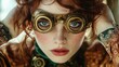 © Igor - Steampunk adventurer close-up, intricate brass goggles, Victorian curls, deep amber tones.