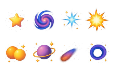 Wall Mural - 3d galactic icon set – star, galaxy, planet, comet, supernova, cosmic glow. 3d icon set