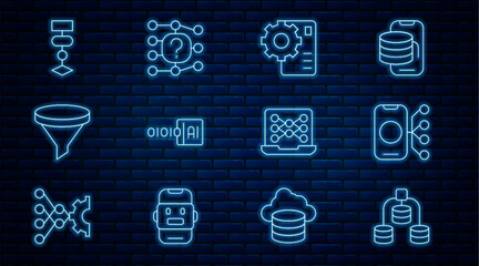 Wall Mural - set line server, data, neural network, binary code, funnel filter, algorithm, and icon. vector