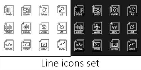 Wall Mural - set line svg file document, js, raw, max, wav, png, avi and bmp icon. vector