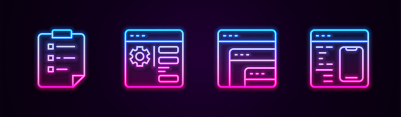 Wall Mural - set line clipboard with checklist, browser setting, software and . glowing neon icon. vector