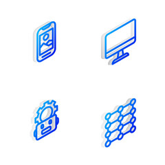 Wall Mural - set isometric line computer monitor, mobile phone, robot setting and neural network icon. vector