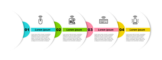 Wall Mural - Set line Wireless mouse, Smart coffee machine, keyboard and flasher siren. Business infographic template. Vector