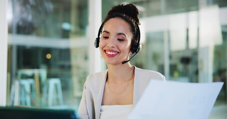 Aufkleber - Businesswoman, headset and paper at laptop for video call, online consultation or finance advice. Consultant, tech and discussion in office for insurance policy, webinar or reading script on document