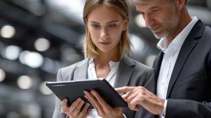 Leinwandbilder - A man and a woman are looking at a tablet together