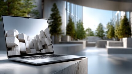 Poster - A laptop is open to a screen with a white background and a bunch of blocks