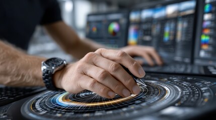 Aufkleber - A man is using a computer with a large screen that has a circle on it