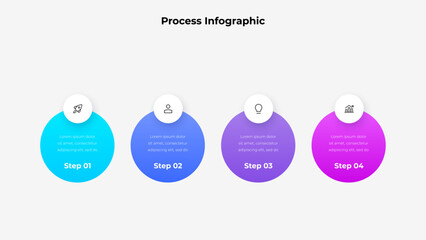 Poster - Infographic template illustrating a four step process using circular elements featuring modern icons and descriptions, perfect for business, workflow, or creative project presentations