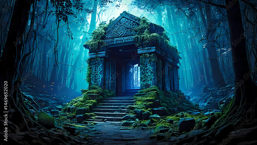 Ancient Temple Hidden in Mystic Forest – Fantasy Ruins with Glowing ...