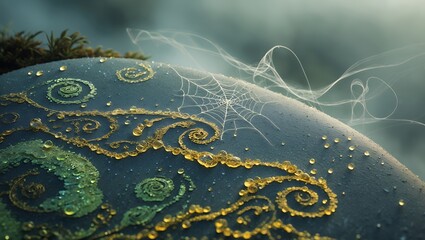 Detailed Stone Surface with Ornamentation Web and Water Droplets