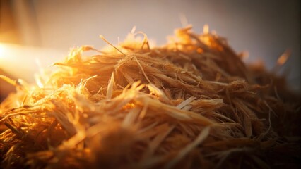 Fototapete - A close-up view of wood shavings bathed in golden sunlight, creating a texture of intricate lines and warm hues.