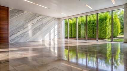 Aufkleber - Sunlight streaming through large windows illuminates a spacious room with a marble wall and tiled floor, reflecting the verdant landscape outside.