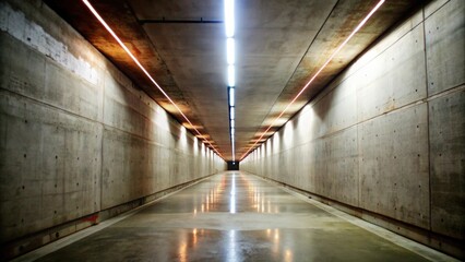 Poster - A long, concrete tunnel with fluorescent lights casting a warm glow on the smooth walls.