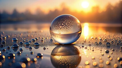 Poster - Reflective Orb on Dew-Kissed Surface at Sunrise, Capturing the Golden Hour's Warmth and Serenity
