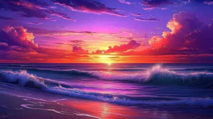 Wall Mural - a stunning beach sunset scene, with vibrant streaks of red, purple, and orange illuminating the sky,
