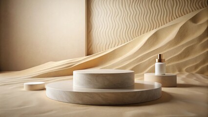 Fototapete - Elegant display platforms on a sandy dune backdrop with a cosmetic bottle