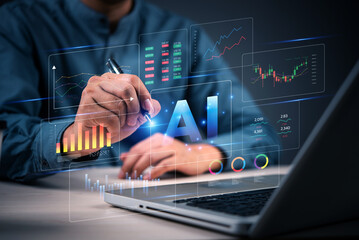 ai and data analysis for financial report with digital charts, dashboard, and virtual interface on l