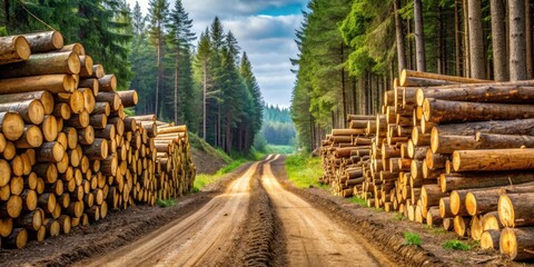Aufkleber - Forest Road Flanked by Stacks of Timber Logs, a Rustic Path Through a Lush Green Coniferous Woodland
