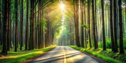 Aufkleber - Sunlit Path Through a Verdant Forest Canopy, Leading to a Serene Destination