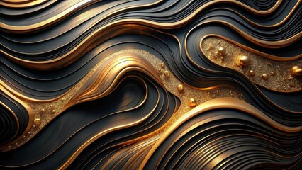 Fototapete - Abstract Dark and Gold Swirling Waves with Golden Spheres and Shimmering Particles
